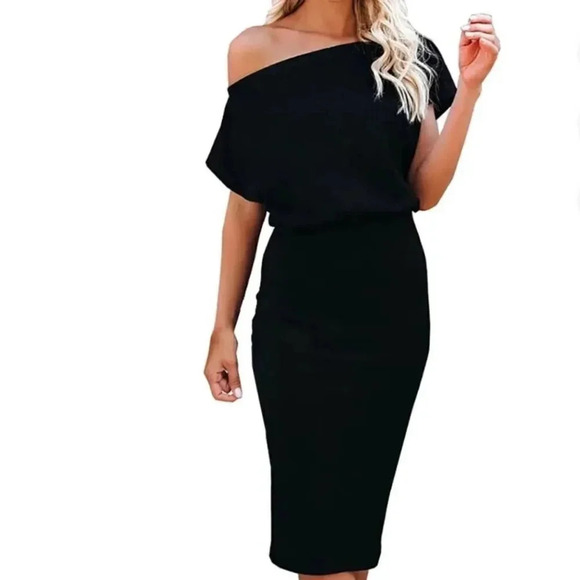 SHORT SLEEVE OFF THE SHOULDER RUCHED SKIRT BODYCON DRESS SIZE M BLACK - Picture 9 of 12